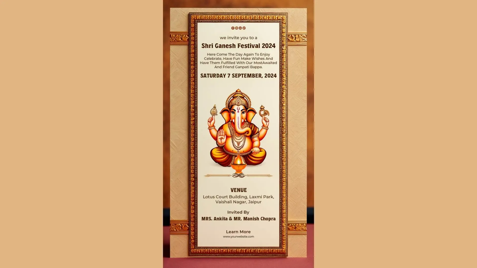 Classical Ganesh Chaturthi Story Invite with Intricate Borders and Rich Design image